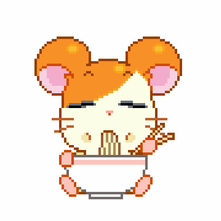 A hamster happily eating a bowl of ramen